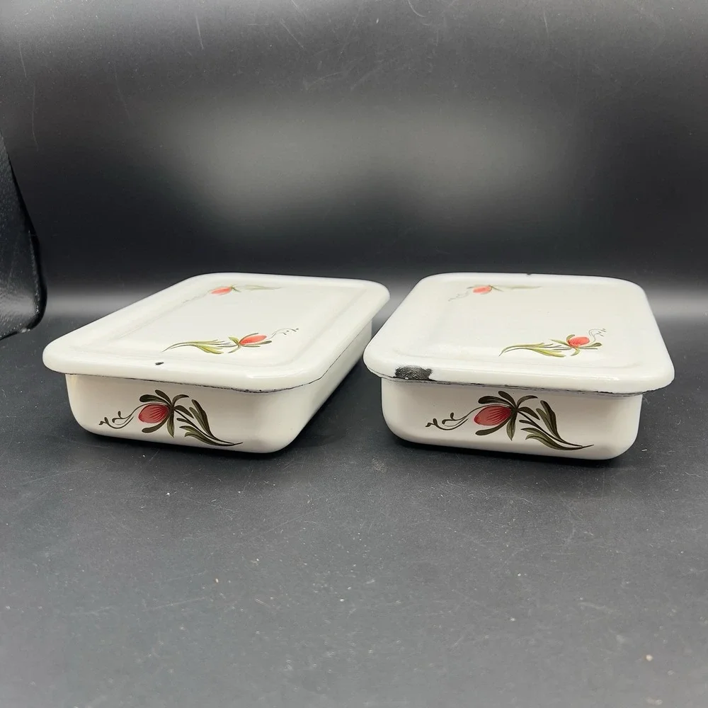 VTG White Floral‎ Design Enamelware Refrigerator Box w/ Lid 7x5x2 Farmhouse